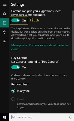 Cách bật và tắt Cortana trên Windows 10