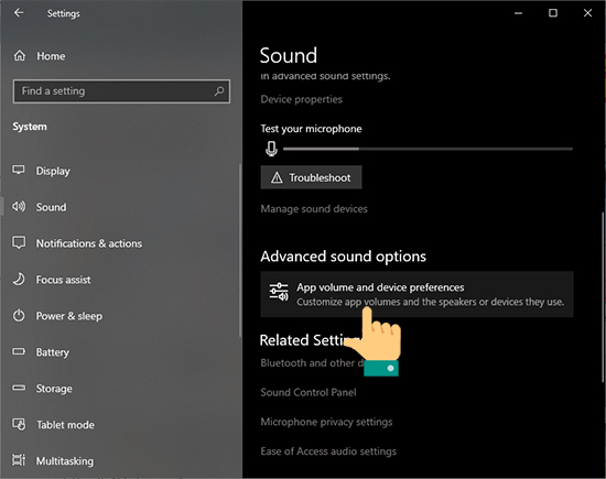 Cuộn chuột xuống mục Advanced sound options và chọn App volume and device preferences